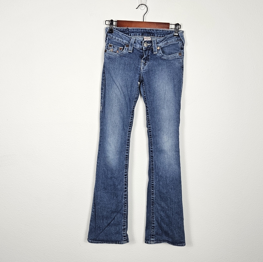 True Religion Boot Cut Jeans Rainbow Stitching Size 26 Made In USA Y2K Low Rise - Picture 2 of 14